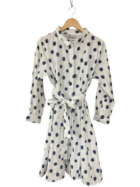 SNAPDRAGON & TWIG Shirt Dress Pockets Tie White & Navy Polka Dot Size Medium